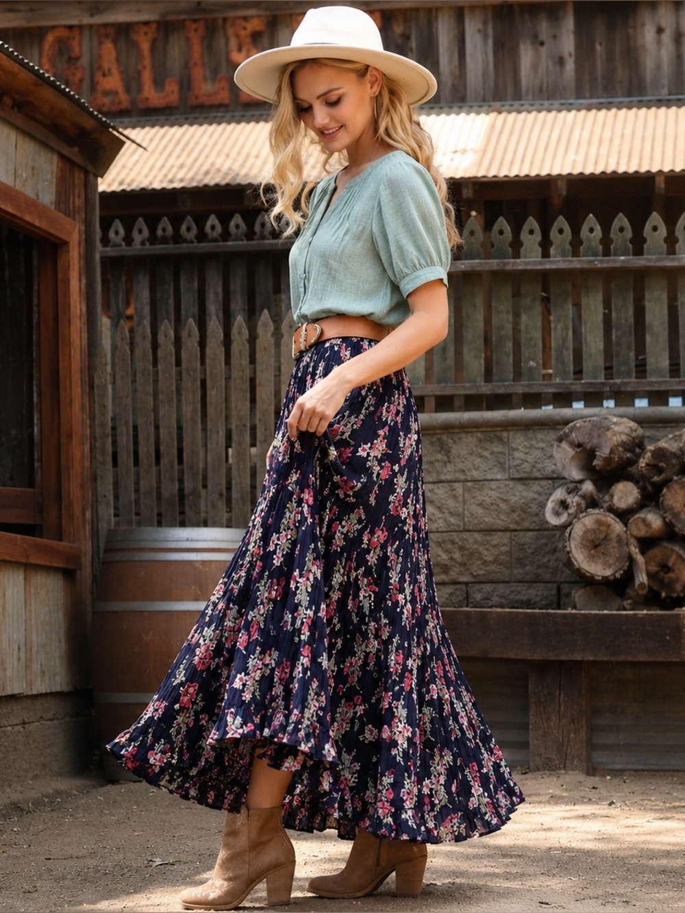 VTG Western Boho Cottagecore Prairie Romantic Navy Floral Tiered Maxi Skirt, S